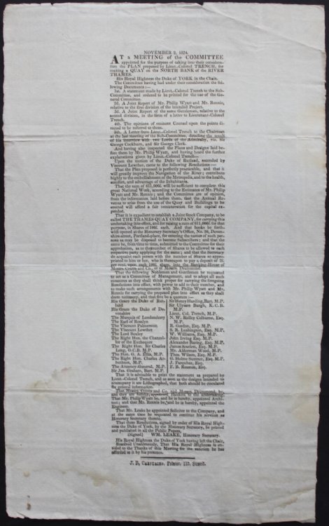 At a Meeting of the Committee appointed for the purpose of taking inot their consideration the Plan proposed by Lieut.-Colonel Trench, for making a Quay on the north bank of the River Thames.