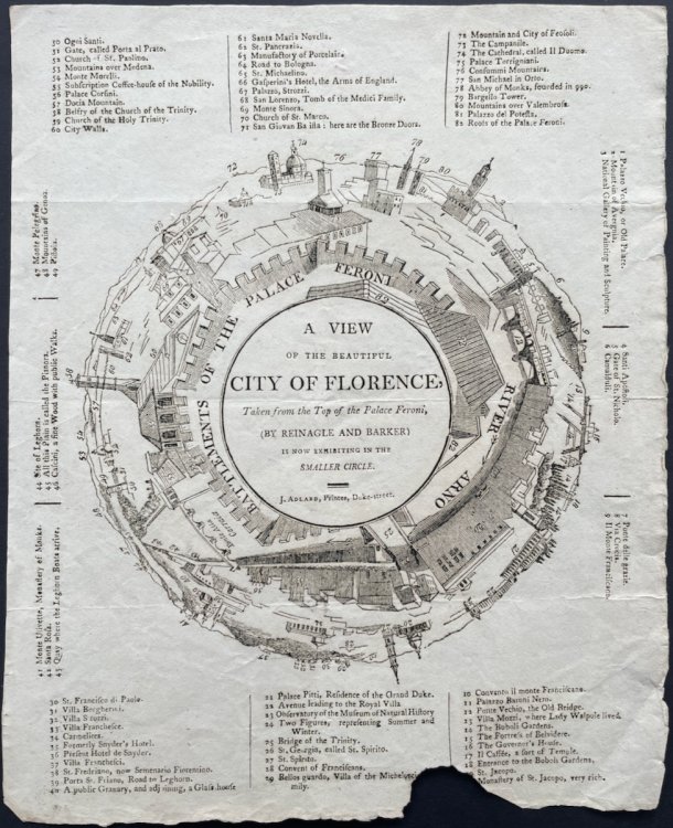 A View of the Beautiful City of Florence, Taken from the Top of ther Palace Feroni, (by Reinagle and Barker) is now Exhibiting in the Smaller Circle.