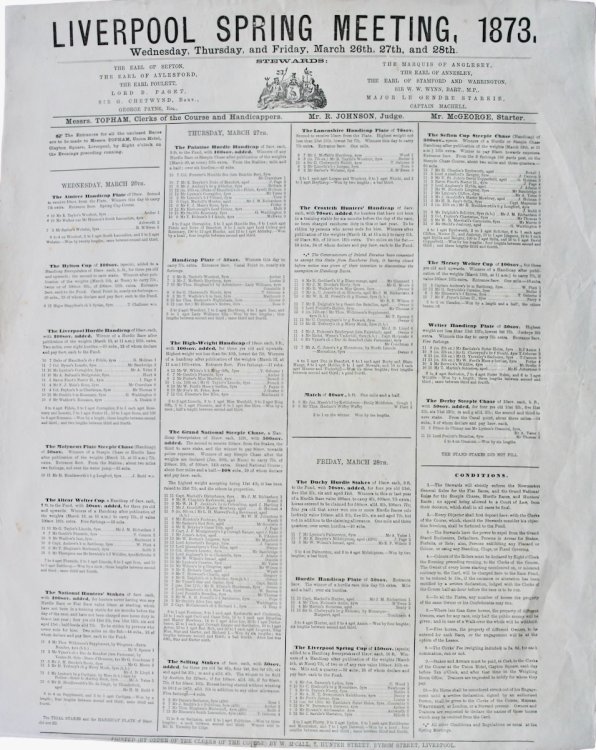 Liverpool Spring Meeting, 1873. Wednesday, Thursday, and Friday, March 26th, 27th, and 28th.