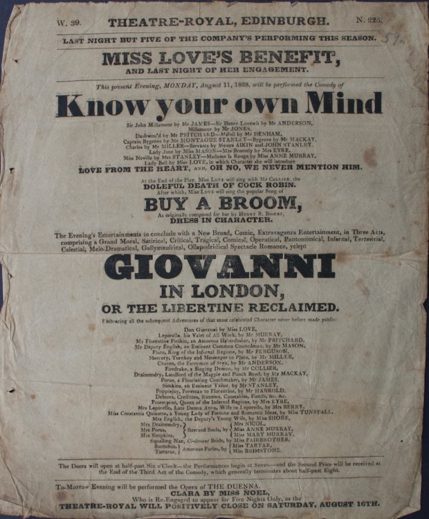 Theatre Royal Edinburgh. Miss Love&rsquo;s Benefit, and Last Night of Her Engagement.