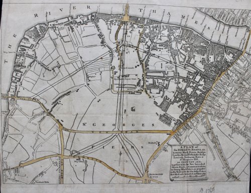 A Plan of the Street, Roads, &c. between Black Fryers Bridge, London Bridge, Westminster Bridge, Lambeth, Newington Butts, & St. Margarets Hill, as they now are; together with the New Intended Streets, Roads, & Communications in Strong Black Lines, as proposed in the Year 1768, but the d
