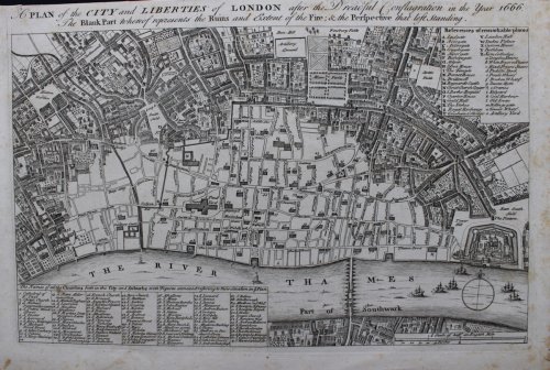 A Plan of the City and Liberties of London after the dreadful Conflagration in the Year 1666. The Blank Part whereof represents the Ruins and Extent of the Fire; & the Perspective that left Standing.