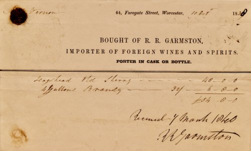 R.R. Garmston, Importer of Foreign Wines and Sprits. Porter in Cask or Bottle. 44, Foregate, Worcester.
