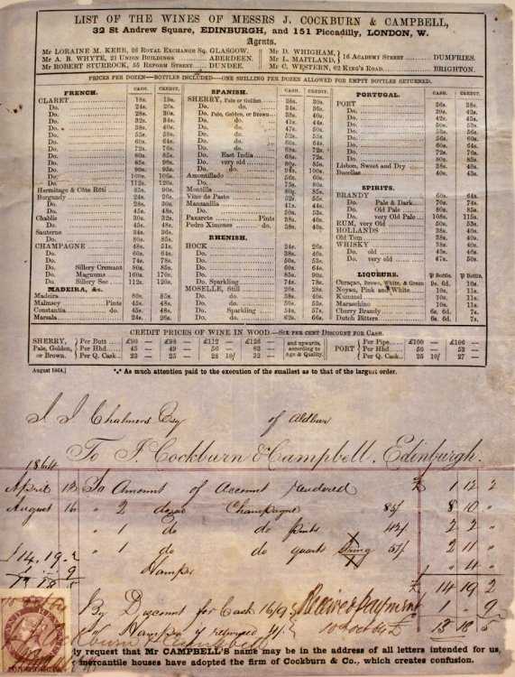 Messers J. Cockburn & Campbell, 32 St Andrew Square, Edinburgh, and 151, Piccadilly, London. List of the Wines.