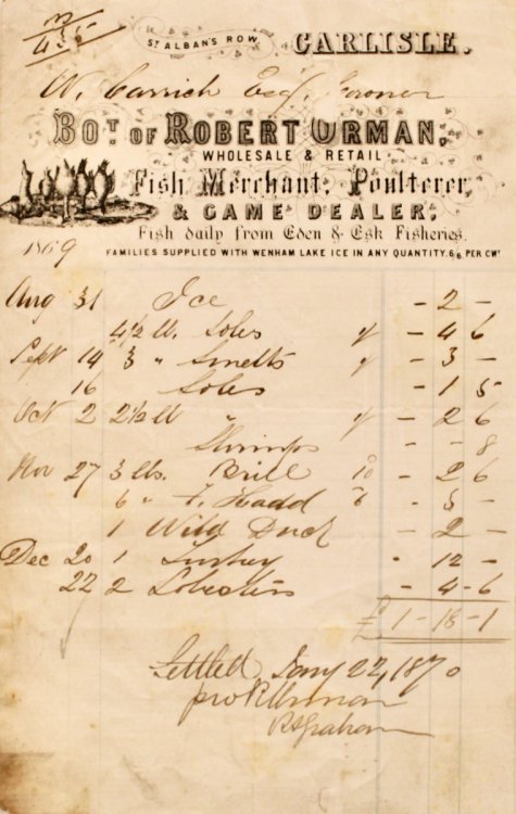 [Fishmonger] Robert Orman, Wholesale and retail. Fish Merchant, Poulterer, & Game Dealer, Fish Daily from Eden and Esk Fisheries. St. Alban&rsquo;s Row, Carlisle.