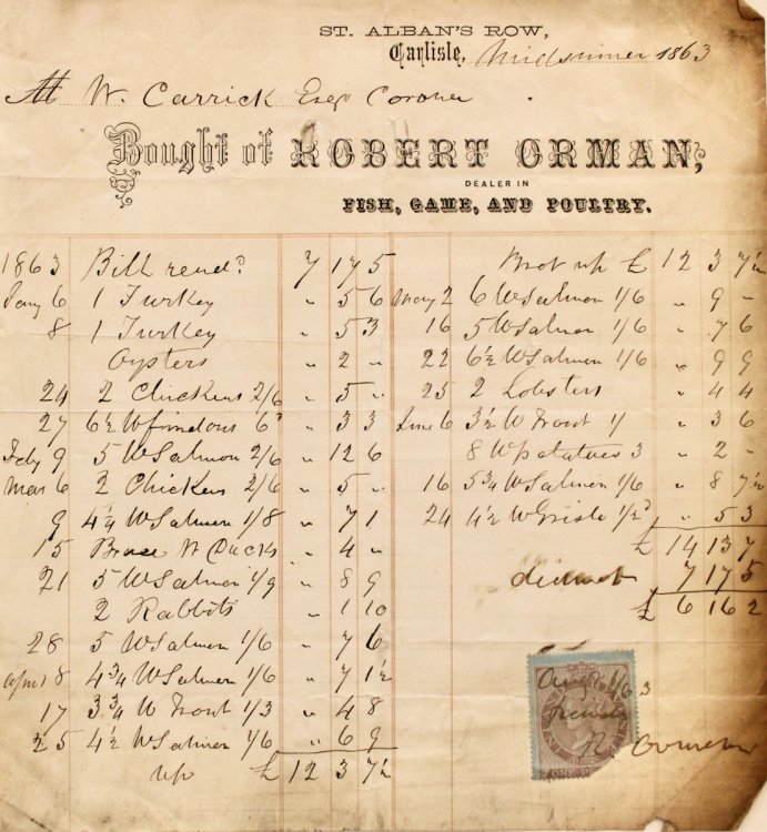 [Fishmonger] Robert Orman, Wholesale and retail. Fish Merchant, Poulterer, & Game Dealer, Fish Daily from Eden and Esk Fisheries. St. Alban&rsquo;s Row, Carlisle.