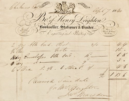 Henry Deighton, Bookseller, Stationer & Binder. Engraving and Printing, General Circulating Library, Music & Patent Medicine Warehouse. Stamp Office, Worcester.