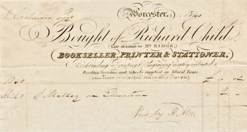 Richard Child (Late assistant to Mr Ridge.) (Bookseller, Printer & Stationer) Bookbinding, Printing & Engraving neatly executed. Reading Societies and Schools supplied on liberal Terms. (Libraries Purchased, Arranged & Valued.)