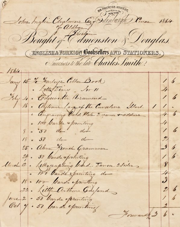 Edmonston & Douglas, English & Foreign Booksellers and Stationers, Successors to the late Charles Smith. 88 Princes Street, Next door to the New Club, Edinburgh.