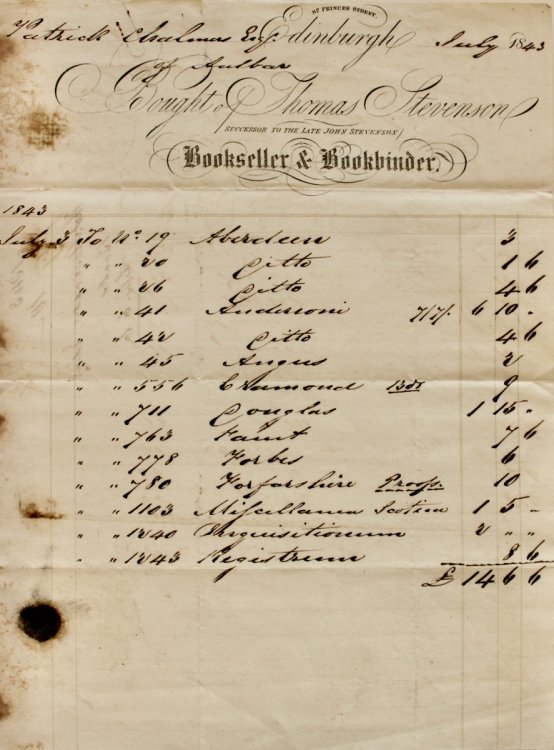 Thomas Stevenson, successor to the late John Stevenson, Bookseller & Bookbinder, 87 Princes Street, Edinburgh.