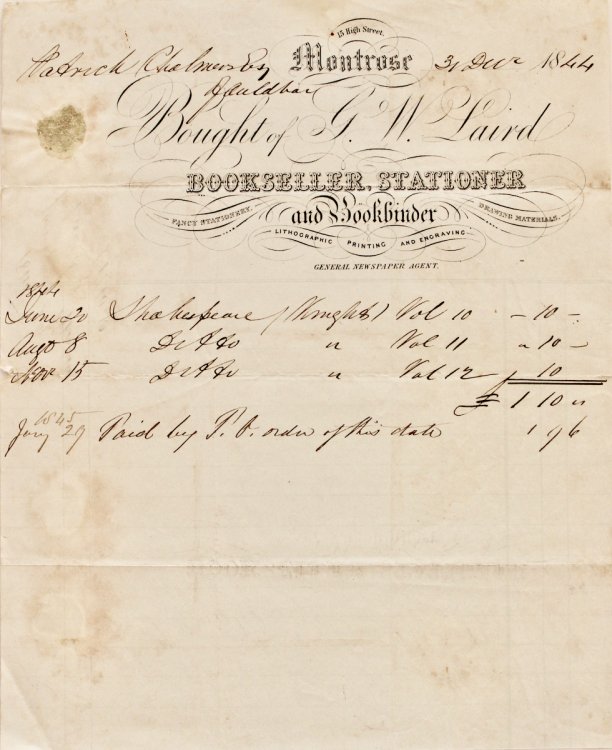 G.W. Laird Bookseller, Stationer and Bookbinder. Fancy Stationery, Drawing Materials, Lithographic Printing and Engraving, General Newspaper Agent. 15 High Street, Montrose.