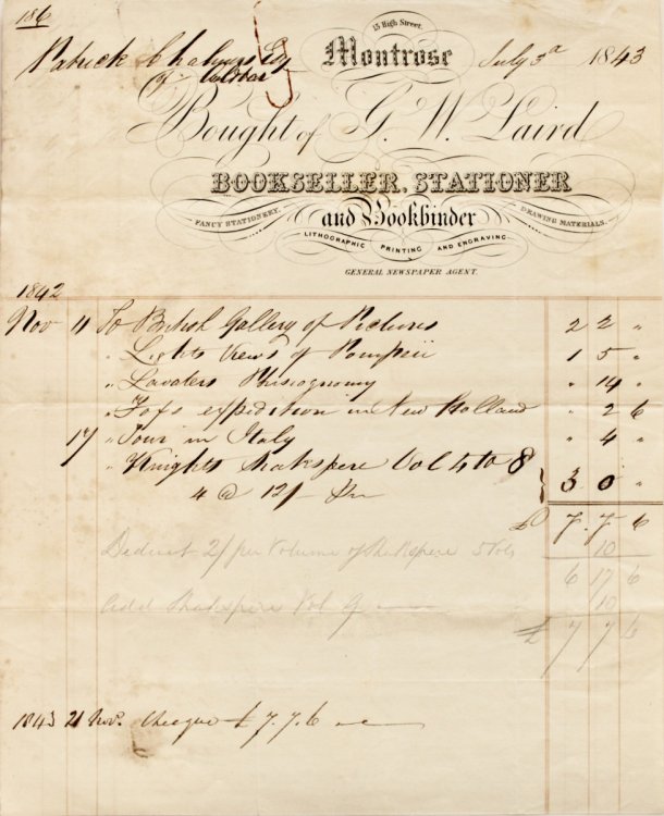 G.W. Laird Bookseller, Stationer and Bookbinder. Fancy Stationery, Drawing Materials, Lithographic Printing and Engraving, General Newspaper Agent. 15 High Street, Montrose.