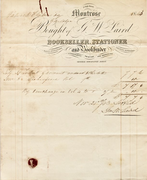 G.W. Laird Bookseller, Stationer and Bookbinder. Fancy Stationery, Drawing Materials, Lithographic Printing and Engraving, General Newspaper Agent. 15 High Street, Montrose.