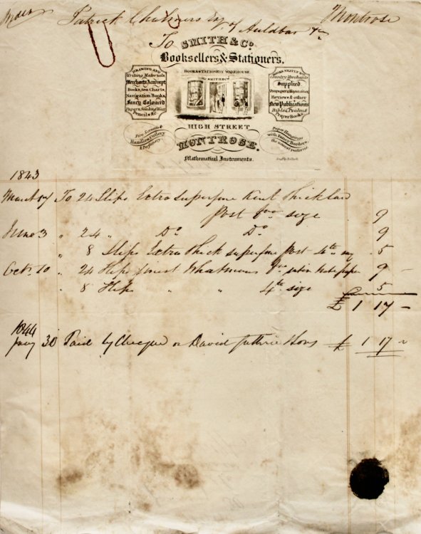 Smith & Co. Booksellers & Stationers, High Street, Montrose. Mathematical Instruments. Drawing and Writing Materials, Merchants Accounts, Books, Sea Charts, Navigation Books, Fancy Coloured Papers, Sealing Wax, Pencils, &c. Books Neatly Bnd. Country Merchants Supplied, Newspapers & M