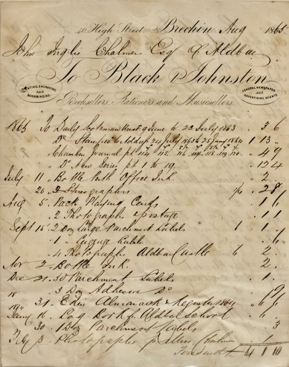 Black & Johnston, Booksellers, Stationers, Musicsellers. Printing Engraving and Bookbinding. General Newspapers and Advertising Agents. 40 High Street, Brechin.