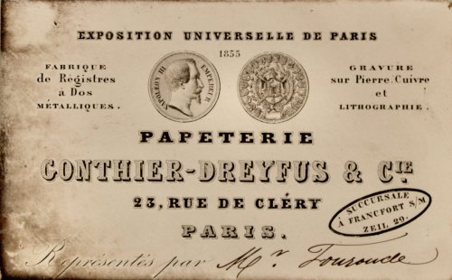 Papeterie Conthier-Dreyfus & Cie. 23 Rue de Cléry, Paris. Fabrique de Régistres à Dos Métalliques, Gravure sur Pierre, Cuivre et Lithographie.