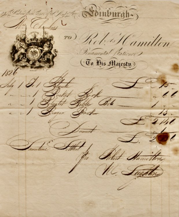 Robt. Hamilton, Ornamental Stationer to His Majesty. Edinburgh, 22 St Andrew Street, Corner of St Andrew Sq.