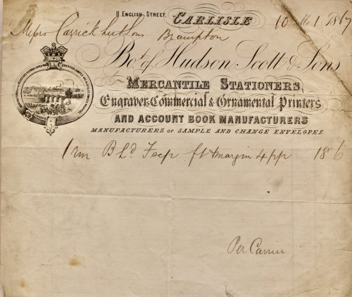Hudson Scott & Sons, Mercantile Stationers, Engravers, Commercial & Ornamental Printers and Account Book Manufacturers. Manufacturers of Sample and Change Envelopes. 11 English Street, Carlisle.