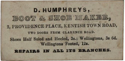 Image for Boot & Shoe Maker, 2 Providence Place, Kentish Town Road. Boot & Shoe Maker, 2 Providence Place, Kentish Town Road.