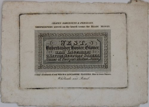 Haberdasher, hosier, glover and laceman. 2, Little Newport Street, Corner of Newport Market, Soho. Wholesale and Retail.