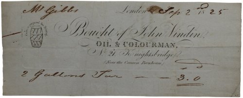 Image for John Vindine, Oil & Colourman, No. 21 Knightsbridge (Near Cannon Brewhouse.) Colours prepared for Painting. John Vindine, Oil & Colourman, No. 21 Knightsbridge (Near Cannon Brewhouse.) Colours prepared for Painting.