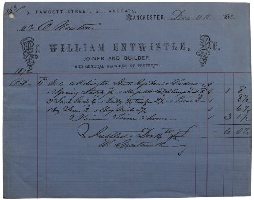 Joiner and Builder, and General Repair of Property. 9, Fawcett Street, Gt. Ancoats, Manchester.