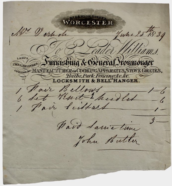 Furnishing & General Ironmonger. Manufacturer of Cooking Apparatus, Stove Grates, Baths, Park Fencing, &c., &c. Locksmith & Bell Hanger. Lamps, Urns, Bronzes, Cuttlery, &c. No. 86 High Street, Worcester.