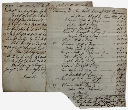 Two Manuscript Receipted Invoices for work done John Hill drawn to Thomas Caddick, Mr Padison and others for the Free School.
