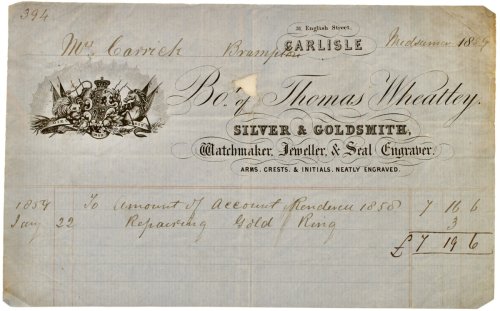 Silver & Goldsmith, Watchmaker, Jeweller & seal Engraver. Arems, Crests & Initials Neatly Engraved. 31 English Street, Carlisle.