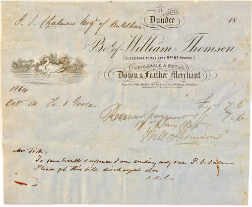 Successor to the Late Mrs. McKenzie, Wholesale & Retail Down & Feather Merchant. 78 Nethergate, Dundee. Superior Kiln Dried & Machine Cleaned Downs & Feathers. Mattrasses & Ticks always on hand.