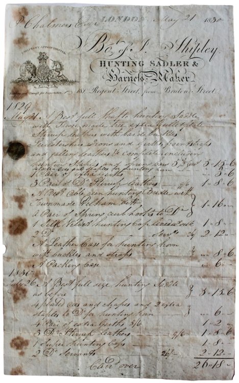 Hunting Saddler & Harness Maker. Military Appointments. Saddlery and Harness for Exportation. 181, Regent Street, from Bruton Street.
