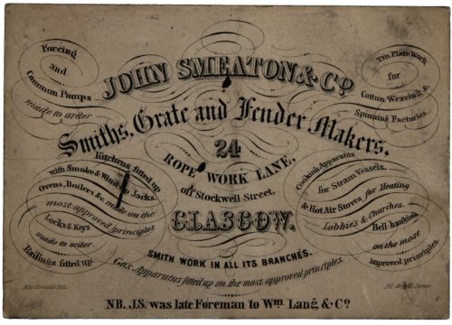 Smiths, Grate and Fender Makers. Fencing and Common Pumps made to order. Tin Plate Work for Cotton Weaving & Spinning Factories. Cooking Apparatus for Steam Vessels & Hot Air Stoves for Heating Lobbies & Churches. Bell hanging on the most improved principles. 24 Rope Work lane, off Stock