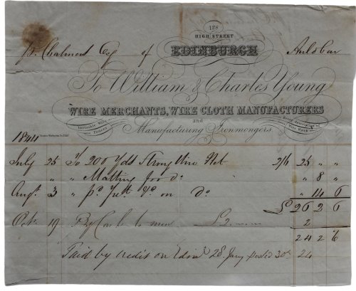 Wire Merchants, Wire Cloth Manufacturers and Manufacturing Ironmongers. Invisible Wire Fenc es, Every description of Wire Work. 128 High Street, Edinburgh.