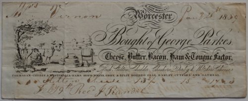 Cheese, Butter, Bacon, Ham & Tongue Factor. Rich, Stilton, Cheddar, Cheshire, Derby & Wiltshire Cheese. Parmesan Cheese & Westphalia Hams. Hops. White, Grey & Split Boiling Peas. Barley, Culins and Oatmeal. High Street, Worcester.
