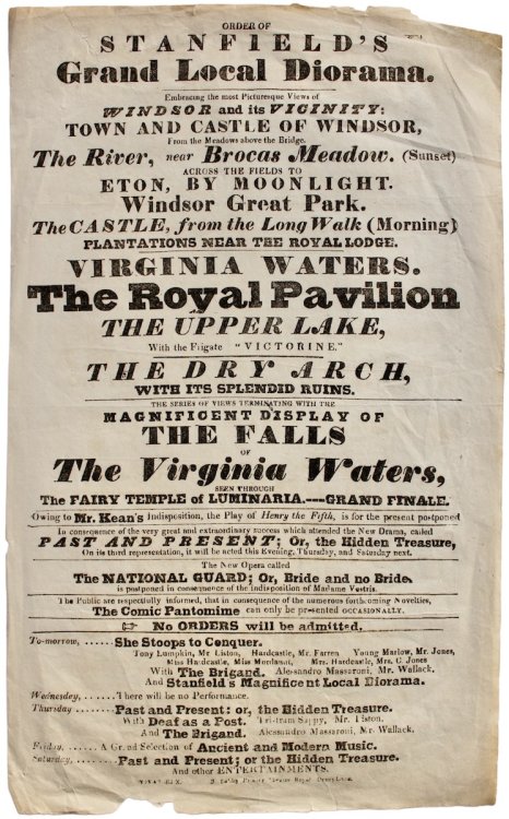 Order of Stanfield&rsquo;s Grand Local Diorama. Embracing the most Picturesque Views of Windsor and its Vicinity: Town and Castle of Windsor. From the Meadows above the Bridge. The River, near Brocas Meadow (sunset). Virginia Waters. The Royal Pavilion, ther Upper Lake. terminating with the magnific