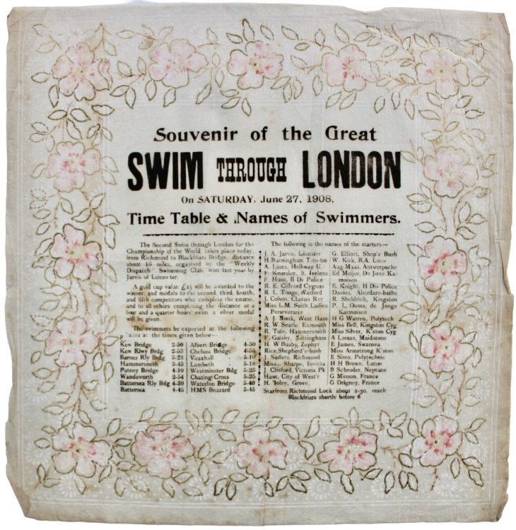 Souvenir of the Great Swim Through London on Saturday, June 27th, 1908, Time Table & Names of Swimmers.