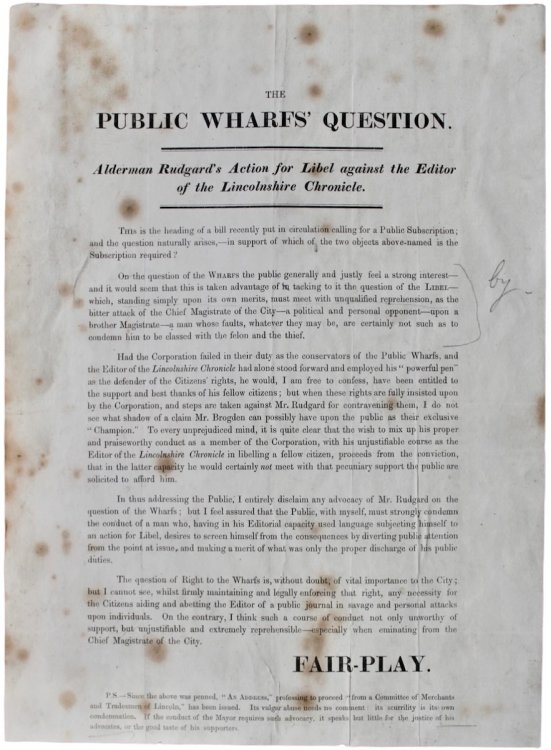 The Public Wharfs’ Question. Alderman Rudgard’s Action for Libel against the Editor of the Lincoln Chronicle. By Fair-Play.