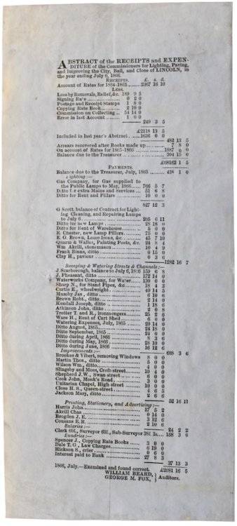 Abstract of the Receipts and Expenditure of the Commissioners for Lighting, Paving and Improving the City, Bail, and Close of Lincoln, in the year ending July 6, 1866.