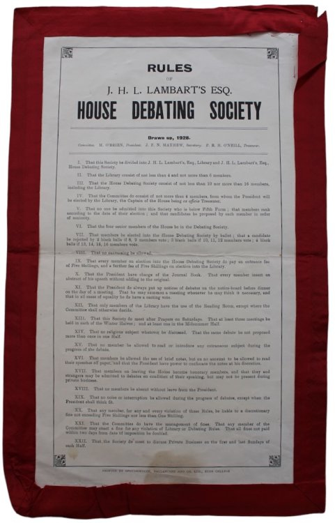 Rules of J.H.L. Lambart’s Esq. House Debating Society. Drawn up, 1928.