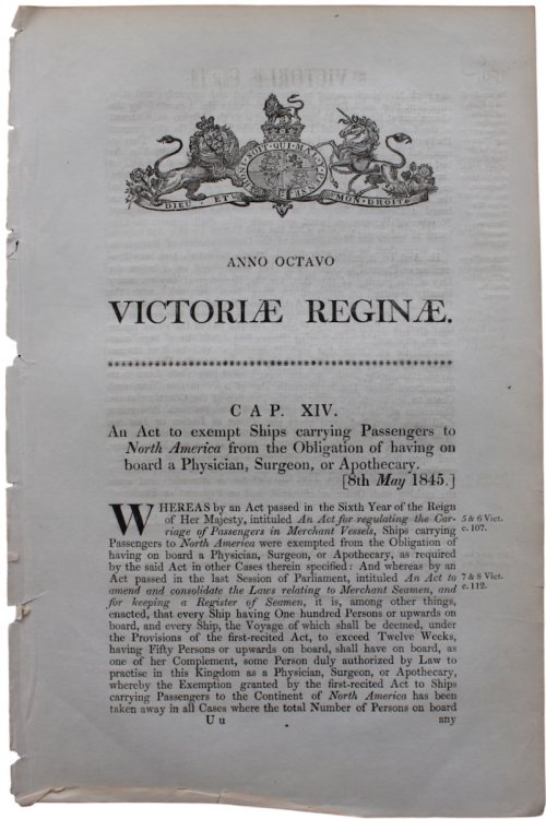 An Act to exempt Ships from carrying Passengers to North America from the Obligation of having on board a Physician, Surgeon or Apotheecary.