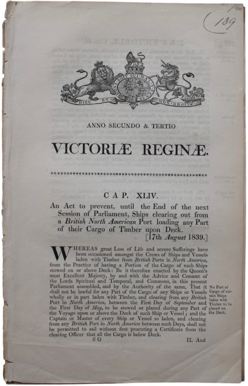 An Act to prevent, until the End of the next Session of Parliament, Ships clearing out from a British North America Port loading any Part of their Cargo of Timber on Deck.