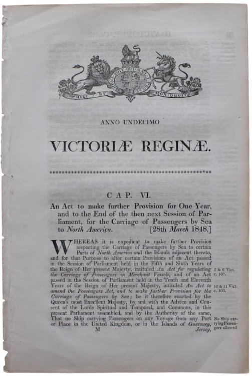 An Act to make further Provision for One Year, and to the End of the then next Session of Parliament, for the Carriage of Passengers by Sea to North America.