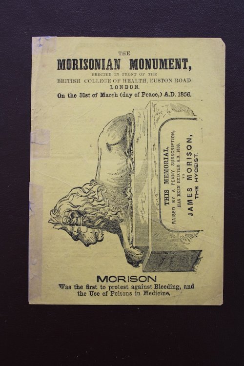 The Morisonian Monument, erected in front of the British College of Health. This Memorial raised by a penny subscription, has been erected A.D. 1856. to James Morison, the Hygeist.