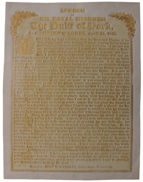 Speech of His Royal Highness the Duke of York in the House of Lords, April 25th. 1825.