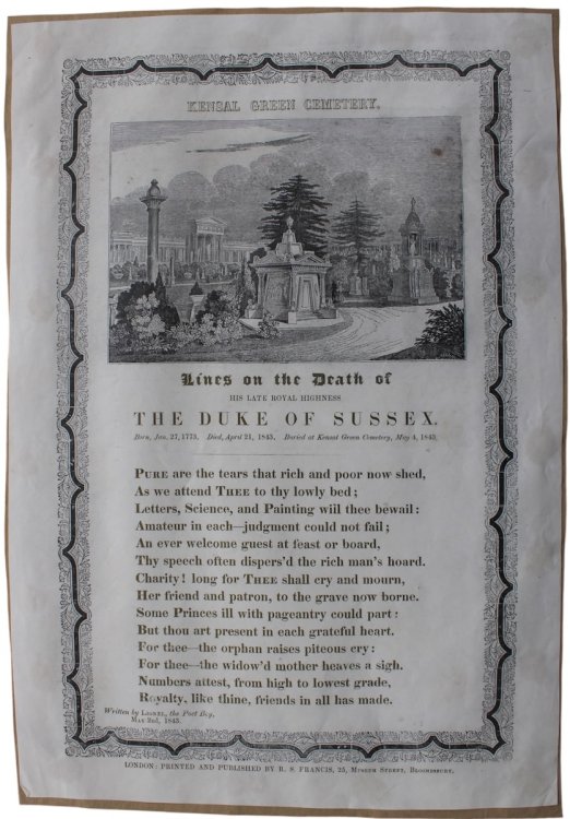 Kensal Green Cemetery. Lines on the Death of His Late Royal Highness the Duke of Sussex.