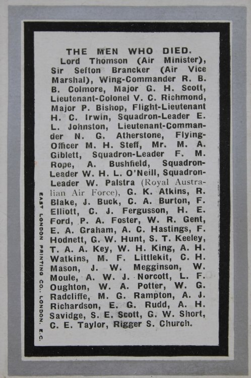 In Sacred Memory of the Officers, Crew and Passengers of the British Airship R. 101 which crashed in France on Sunday Morning Oct. 5th 1930. with a loss of 48 lives including Lord Thompson, Air Ministerand Sir Sefton Brancker, Air Vice Marshal