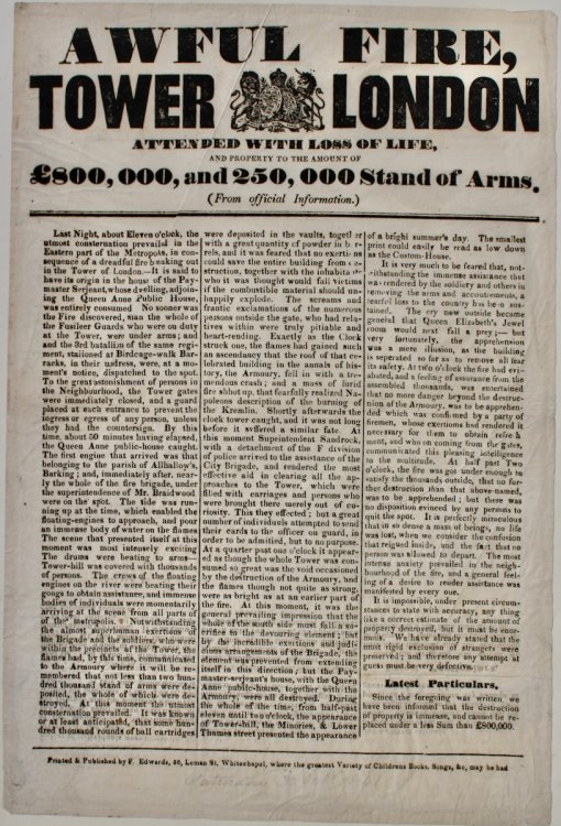 Awful Fire, Tower of London. Attended with Loss of Life, and Property to the Amount of £800,000, and 250,000 Stand of Arms. (From official information.)