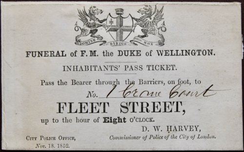 Funeral of F.M. the Duke of Wellington. Inhabitant’s Pass Ticket. [for 1, Crane Street]