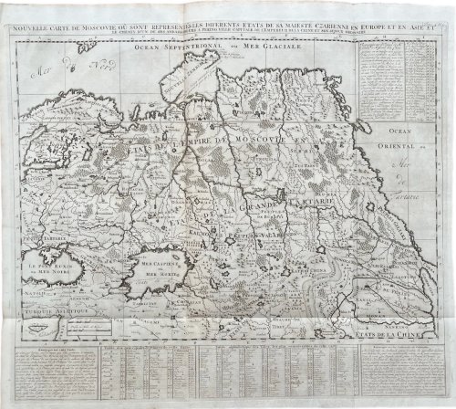 Nouvelle carte de Moscovie où sont Retresentés les Diferents Etats de sa Majesté Czarienne en Europe et en Asie et les chemins d’un de ses Ambassadeurs a Peking Ville Capitasl de l’Empereur de la Chine et son Sejour Ordinaire.