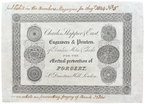 Engravers & Printers of Bankers Notes and Checks for the effectual prevention of Forgery.